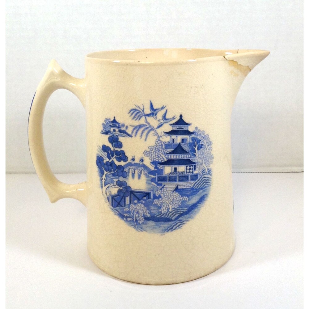 Vtg Stoneware Pitcher Blue Willow Farmhouse Crock Jug Primitive Pottery USA 6.5"